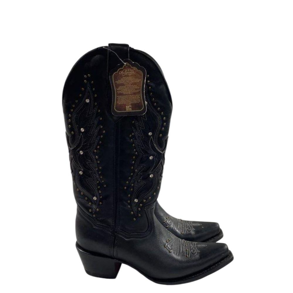 Indomable's Black Leather Western Cowboy Boots Rhinestone Studded Womens 8.5